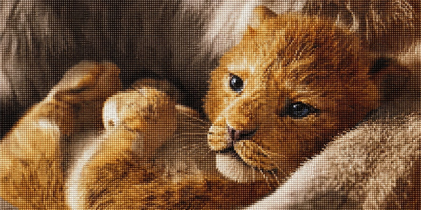 Diamond Painting eines schlafenden Löwenbabys, das sich eng an das Fell eines großen Löwen kuschelt. Mockup.