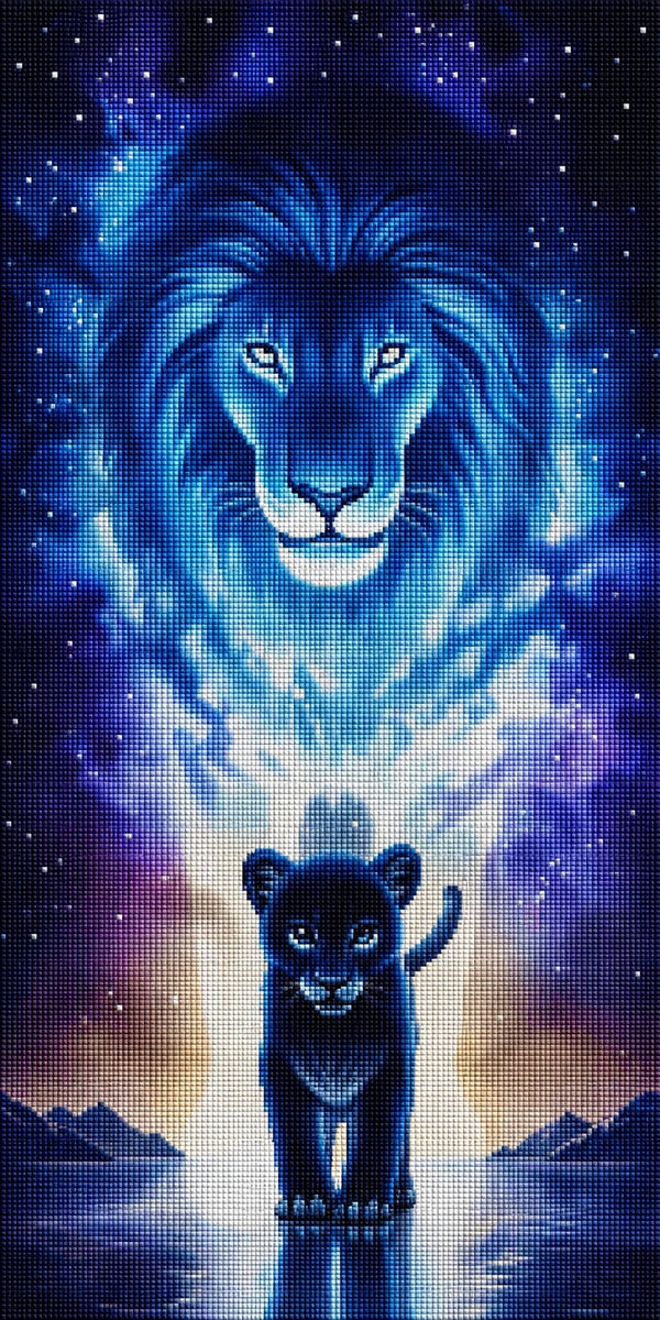 Vertikales Diamond Painting mit einem leuchtenden blauen Löwenkopf im Sternenhimmel über einem kleinen Panther. Mockup.