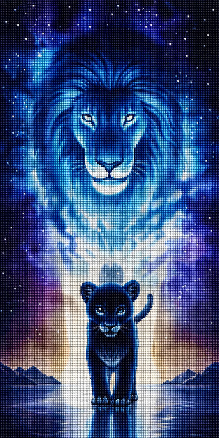 Vertikales Diamond Painting mit einem leuchtenden blauen Löwenkopf im Sternenhimmel über einem kleinen Panther. Mockup.
