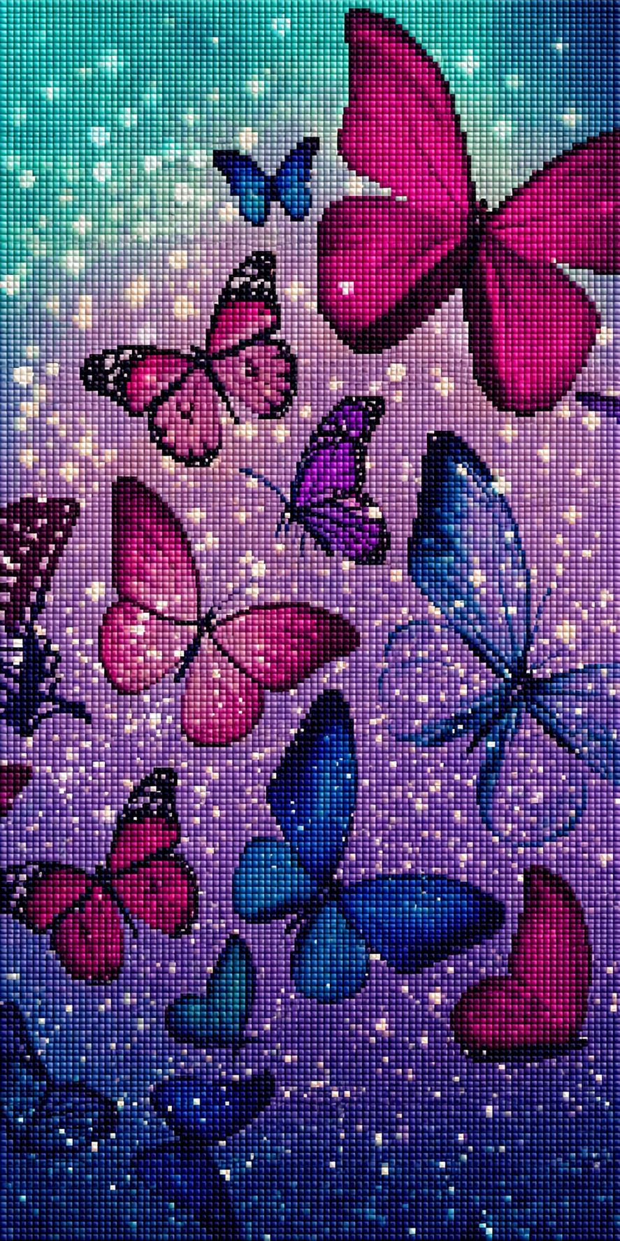 Abstraktes Diamond Painting von vielen bunten Schmetterlingen auf einem glitzernden Hintergrund in Blau und Violett. Mockup.