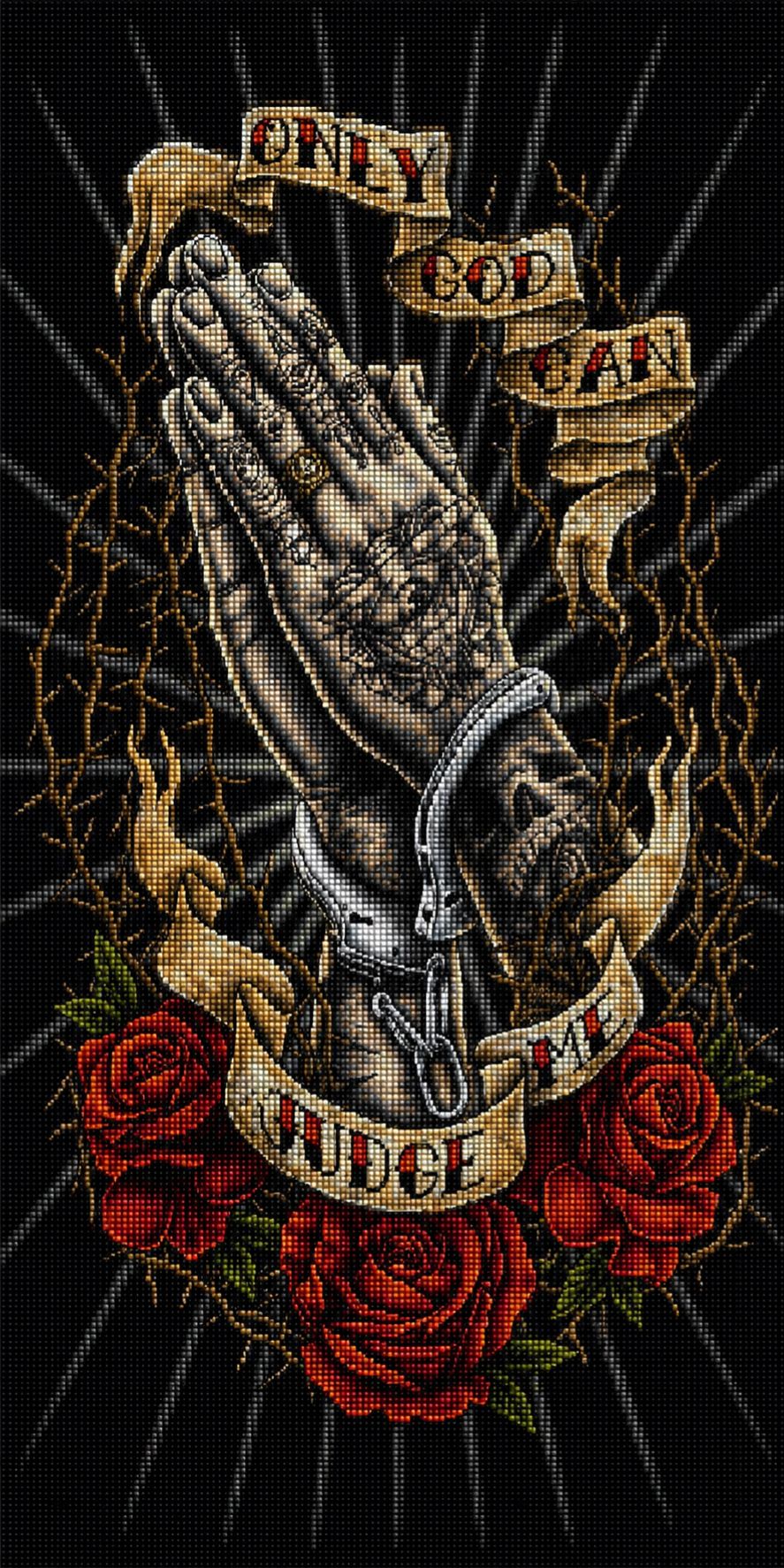 Diamond Painting von tätowierten Händen mit Dornen, roten Rosen und dem Schriftzug Only God Can Judge Me. Mockup.