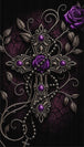 Diamond Painting eines verzierten Metallkreuzes mit violetten Rosen und einer Rosenkranz-Perlenkette auf dunklem Grund. Mockup.
