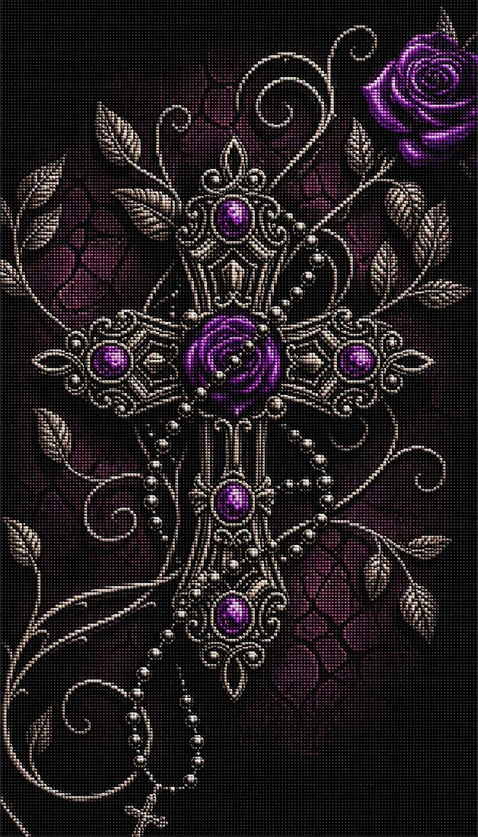 Diamond Painting eines verzierten Metallkreuzes mit violetten Rosen und einer Rosenkranz-Perlenkette auf dunklem Grund. Mockup.