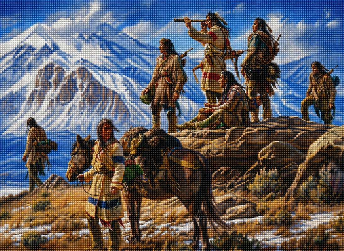 Diamond Painting von indigenen Männern mit Fernrohr auf einem Felsen vor schneebedeckten Bergen und einem Pferd. Mockup.