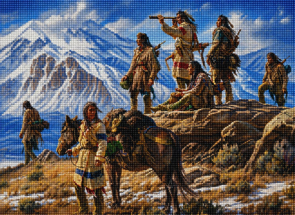Diamond Painting von indigenen Männern mit Fernrohr auf einem Felsen vor schneebedeckten Bergen und einem Pferd. Mockup.
