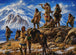 Diamond Painting von indigenen Männern mit Fernrohr auf einem Felsen vor schneebedeckten Bergen und einem Pferd. Mockup.