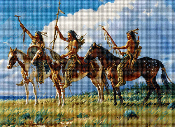Diamond Painting von drei indigenen Kriegern auf gescheckten Pferden vor einer großen weißen Wolke. Mockup.