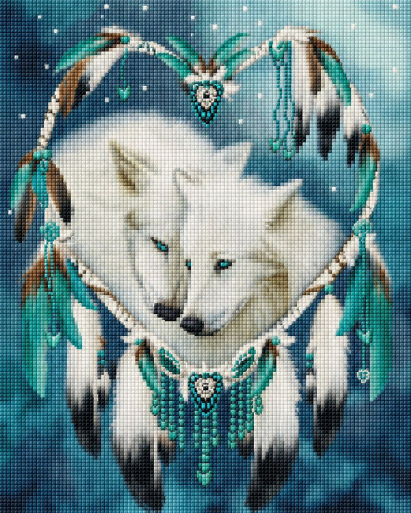 Diamond Painting von zwei weißen Wölfen in einem herzförmigen Traumfänger mit türkisen Federn und Perlen. Mockup.