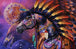 Diamond Painting eines indigenen Kriegspferdes mit Federn und Bemalung vor einem lila Sternenhimmel mit Adlergeist. Mockup.