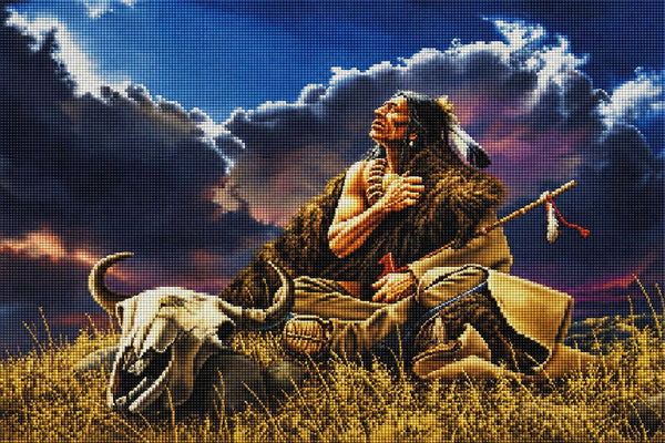 Diamond Painting eines indigenen Mannes beim Gebet in der Prärie neben einem Bison-Schädel unter Gewitterwolken. Mockup.
