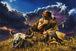 Diamond Painting eines indigenen Mannes beim Gebet in der Prärie neben einem Bison-Schädel unter Gewitterwolken. Mockup.