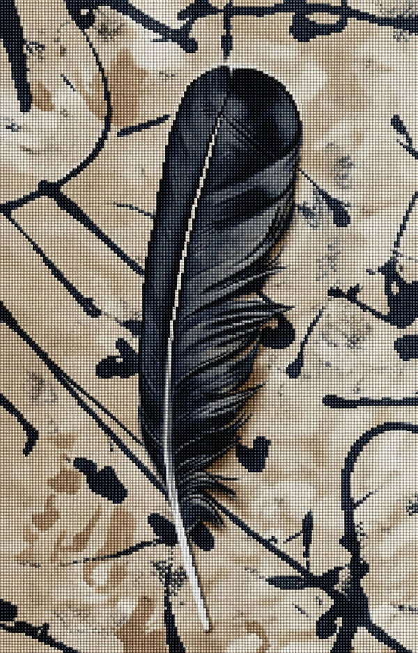 Minimalistisches Diamond Painting einer schwarzen Feder auf einem beige-schwarz gemusterten abstrakten Hintergrund. Mockup.