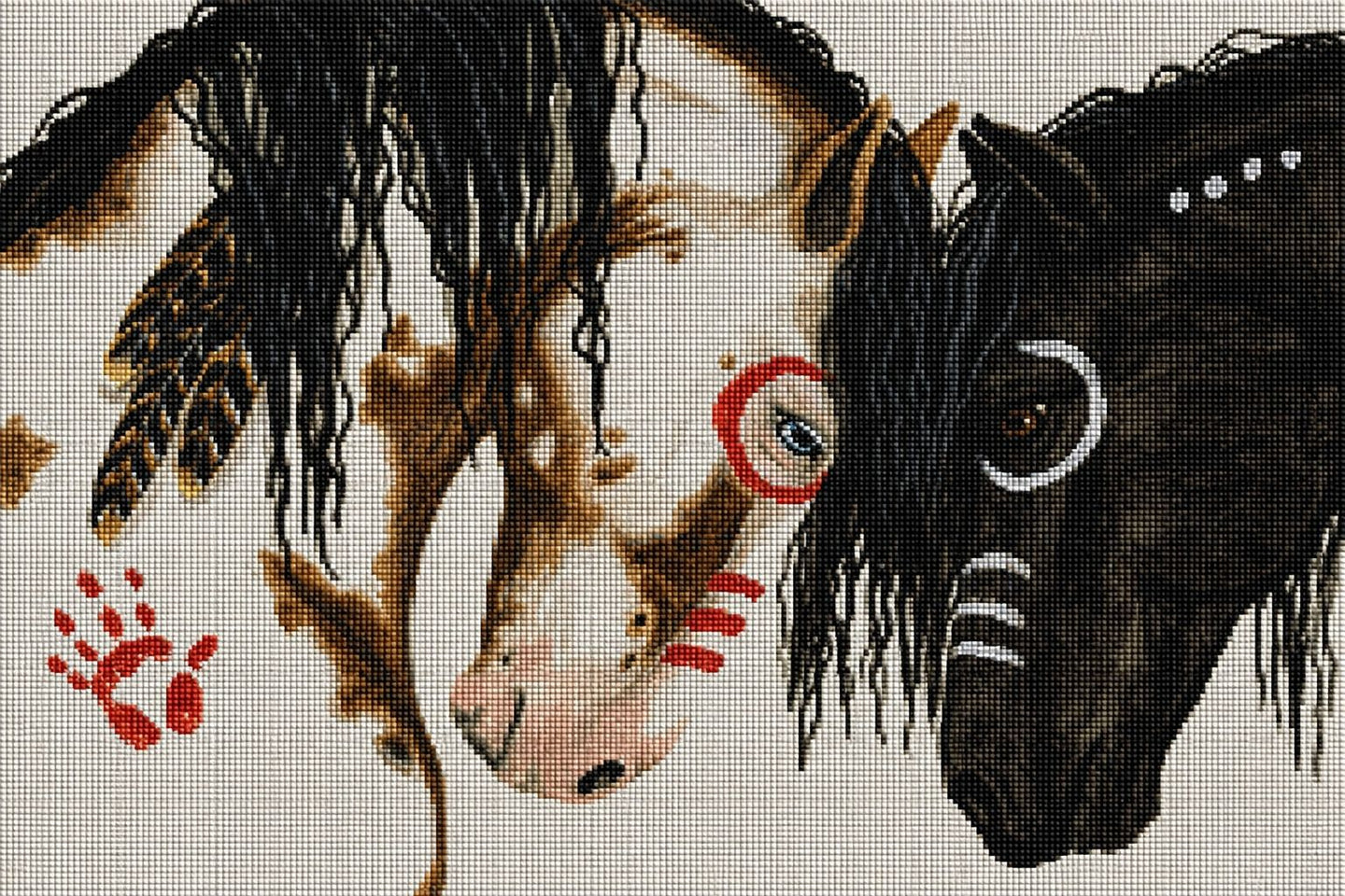 Diamond Painting von zwei Pferden, einem Schecken und einem Rappen, mit roter und weißer Kriegsbemalung auf Weiß. Mockup.