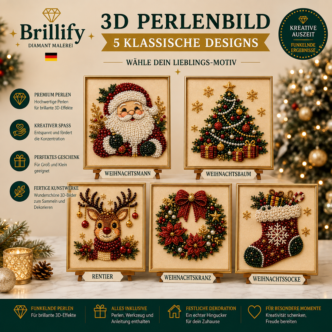 Diamond Painting Weihnachtsset mit Weihnachtsbaum, Weihnachtsmann, Socke, Kranz, Rentier