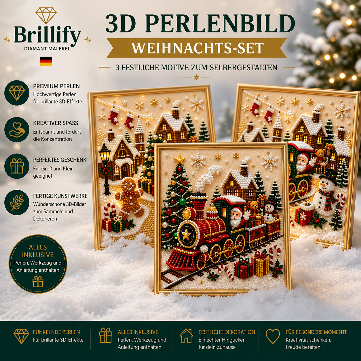 Diamond Painting Weihnachtsset mit Weihnachtsbaum, Weihnachtsmann, Socke, Kranz, Rentier, Eisenbahn, Schneehütte, Marktplatz