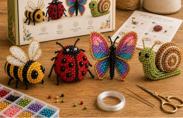 3D Perlentier Bastelset mit Biene, Marienkaefer, Schmetterling und Schnecke aus bunten Perlen zum kreativen Selbermachen