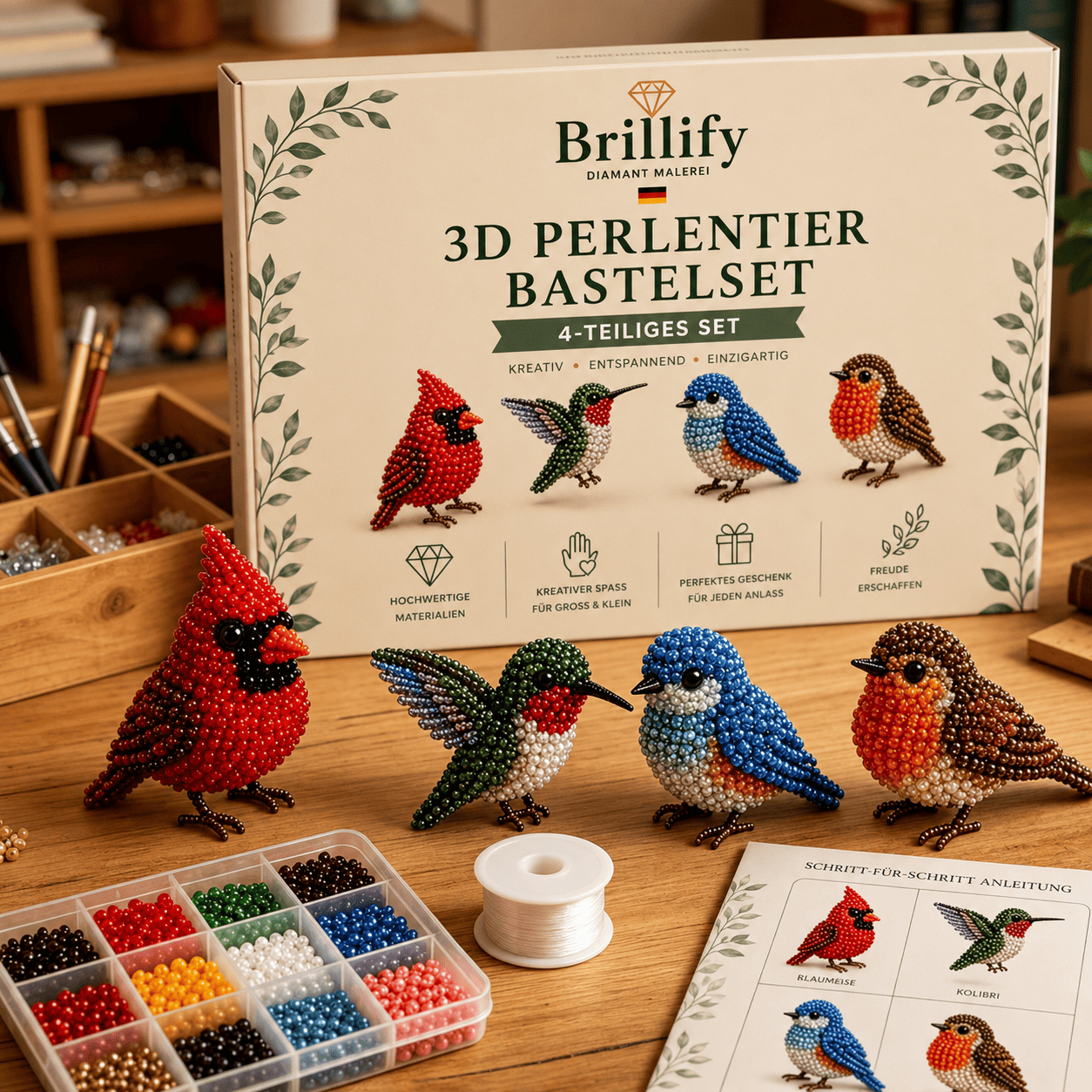 3D Perlentier Bastelset mit vier Vögeln aus bunten Perlen – Kardinal, Kolibri, Blaumeise und Rotkehlchen zum Selbermachen