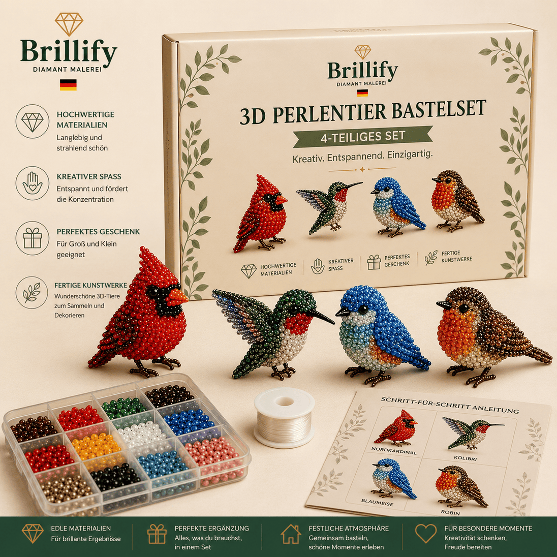 3D Perlentier Bastelset Vögel mit bunten Perlen, Zubehör und vier fertigen dreidimensionalen Vogelfiguren