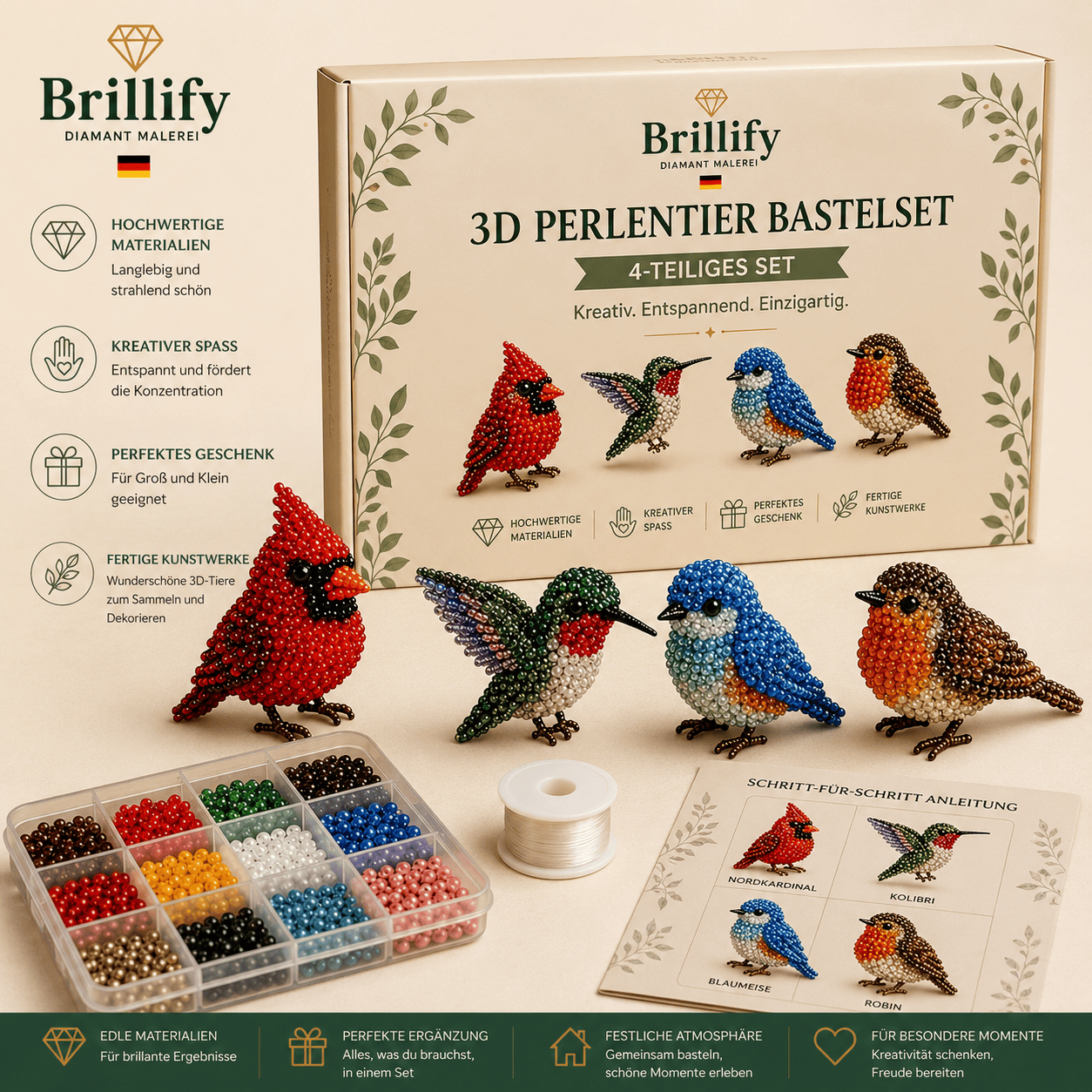 3D Perlentier Bastelset Vögel mit bunten Perlen, Zubehör und vier fertigen dreidimensionalen Vogelfiguren