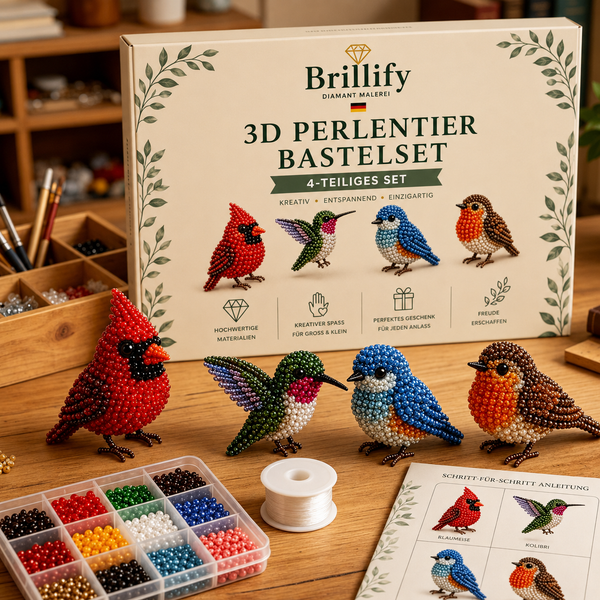 3D Perlentier Bastelset mit vier Voegel-Motiven und bunten Perlen zum kreativen Selbermachen