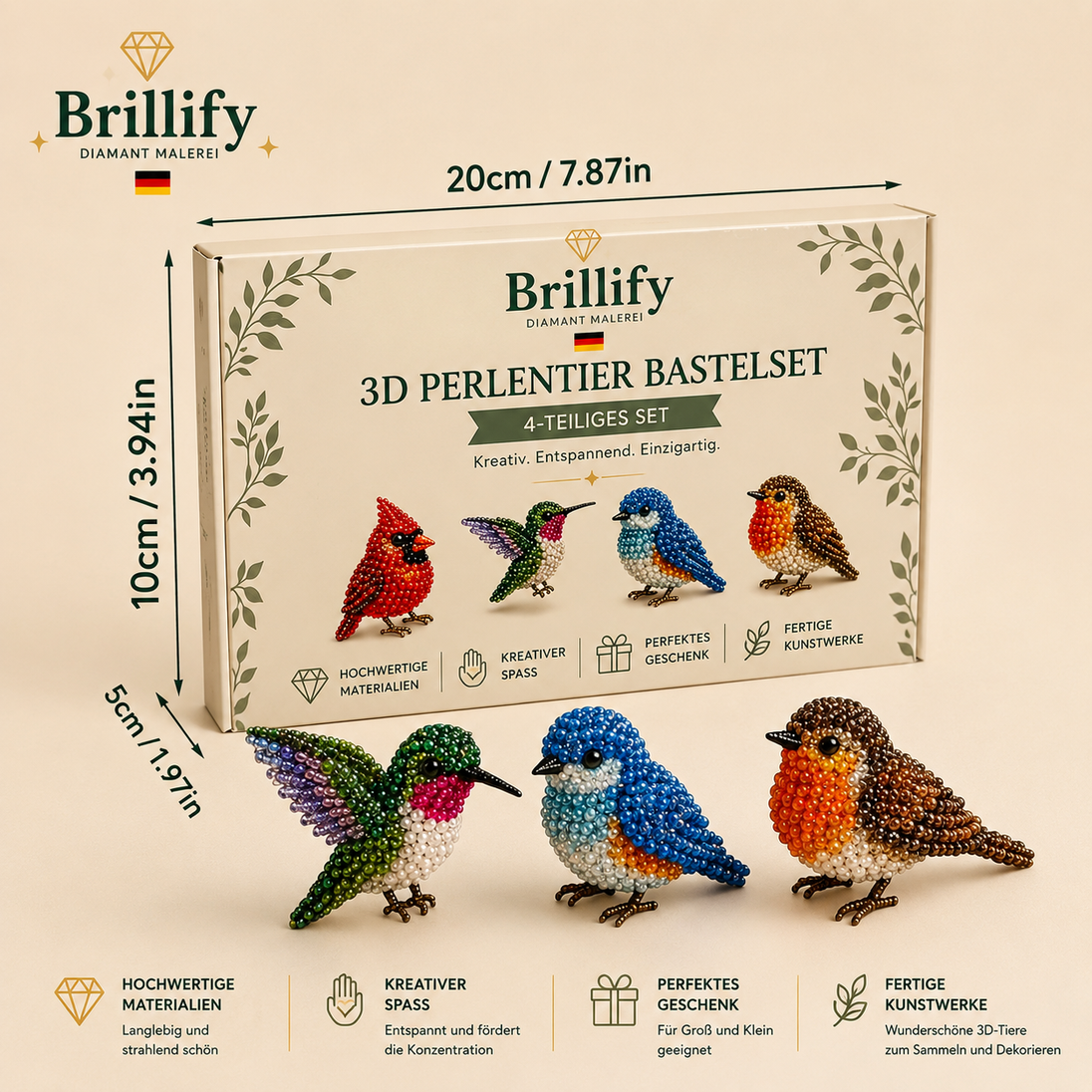 3D Perlentier Bastelset mit vier bunten Vogelmotiven, Bastelvorlage und Groessenangaben