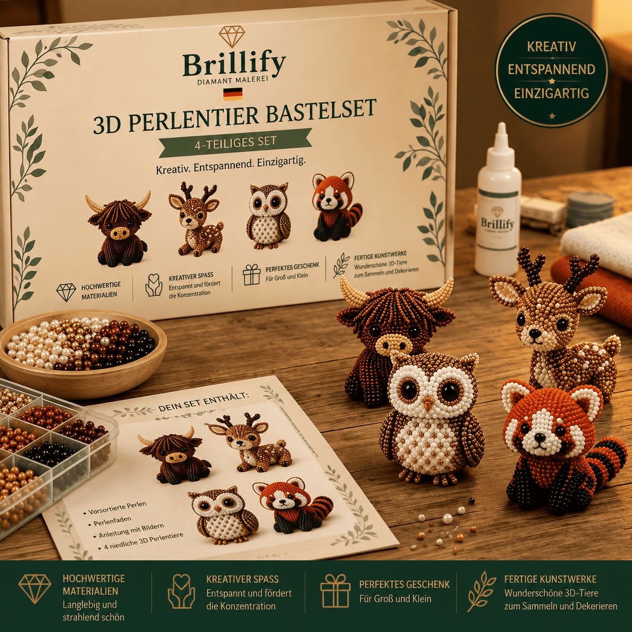 3D Perlentier Bastelset mit vier Waldtieren aus Perlen – Eule, Hirsch, Schneeeule und Fuchs zum kreativen Selbermachen