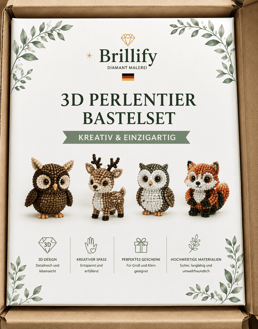 Vier Waldtiermotive des 3D Perlentier Bastelsets mit Eule, Hirsch, Schneeeule und Fuchs