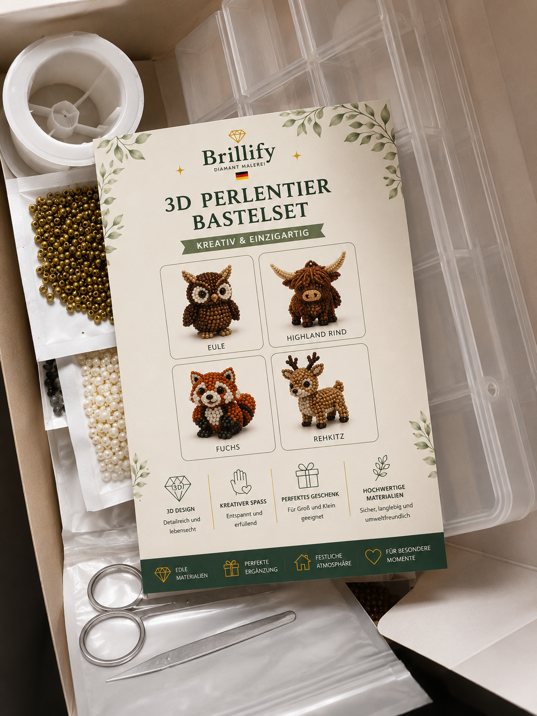 Materialset fuer 3D Perlentiere mit Waldtiermotiven, Perlen, Anleitung und Bastelzubehoer