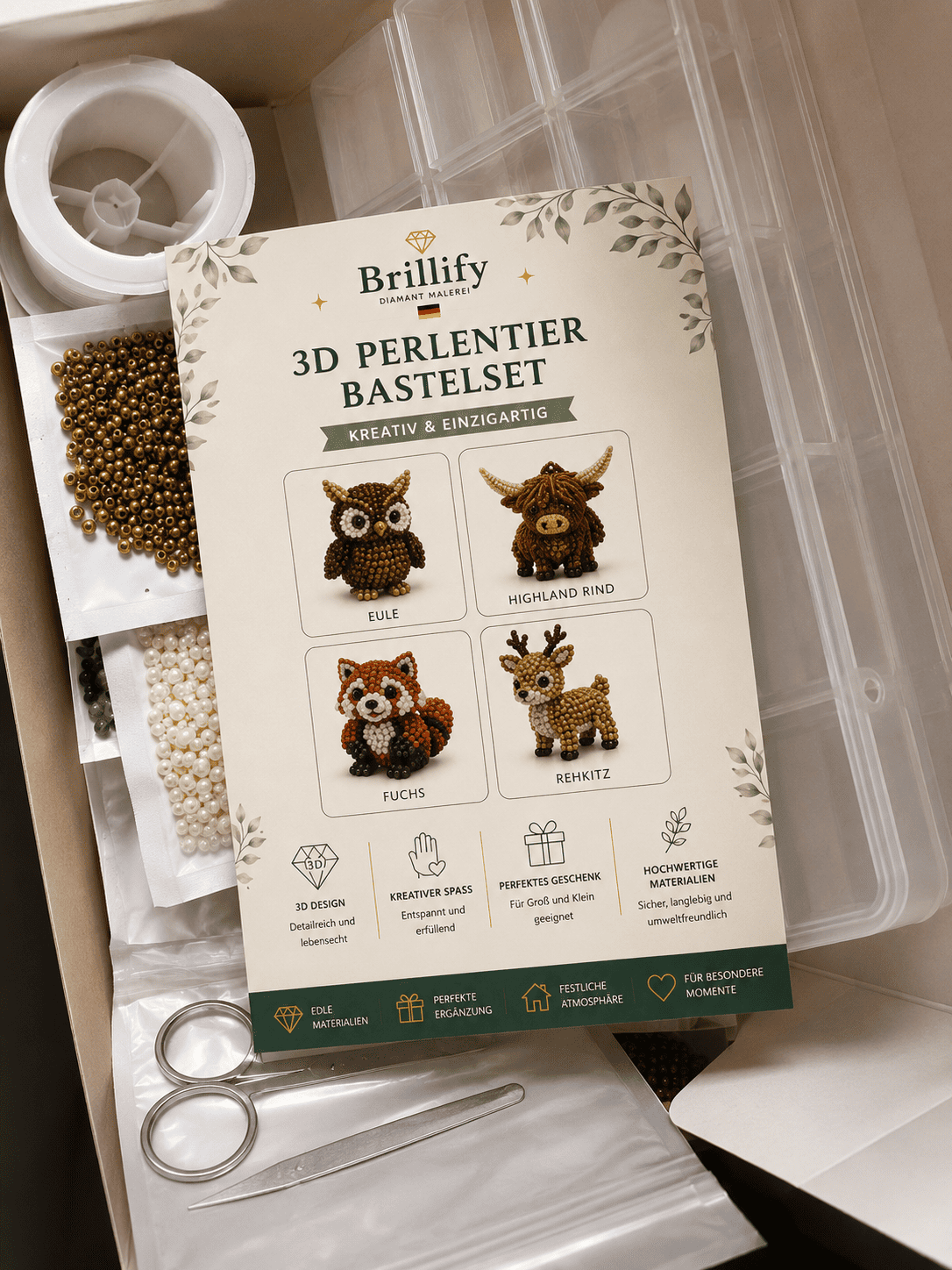 3D Perlentier Bastelset Waldtiere mit Verpackung, Anleitung und sortierten Perlen für vier dreidimensionale Tierfiguren