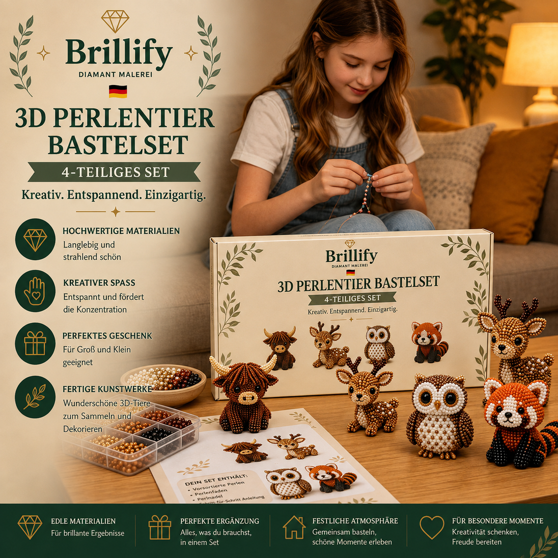 Maedchen beim kreativen Basteln mit dem 3D Perlentier Bastelset Waldtiere und bunten Perlen