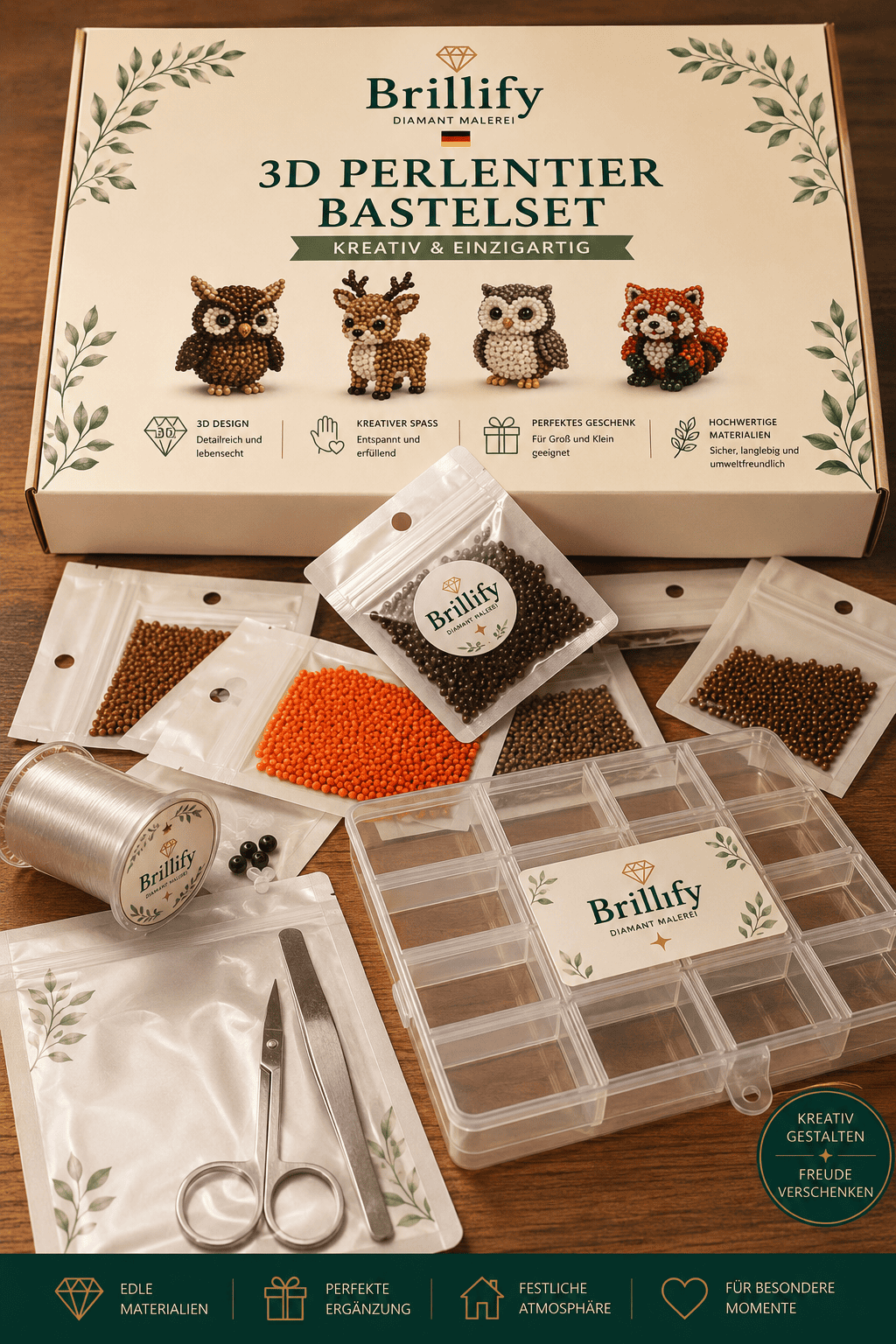 3D Perlentier Bastelset Waldtiere mit Perlen, Bastelmaterial, Sortierbox und Anleitung für vier Tierfiguren