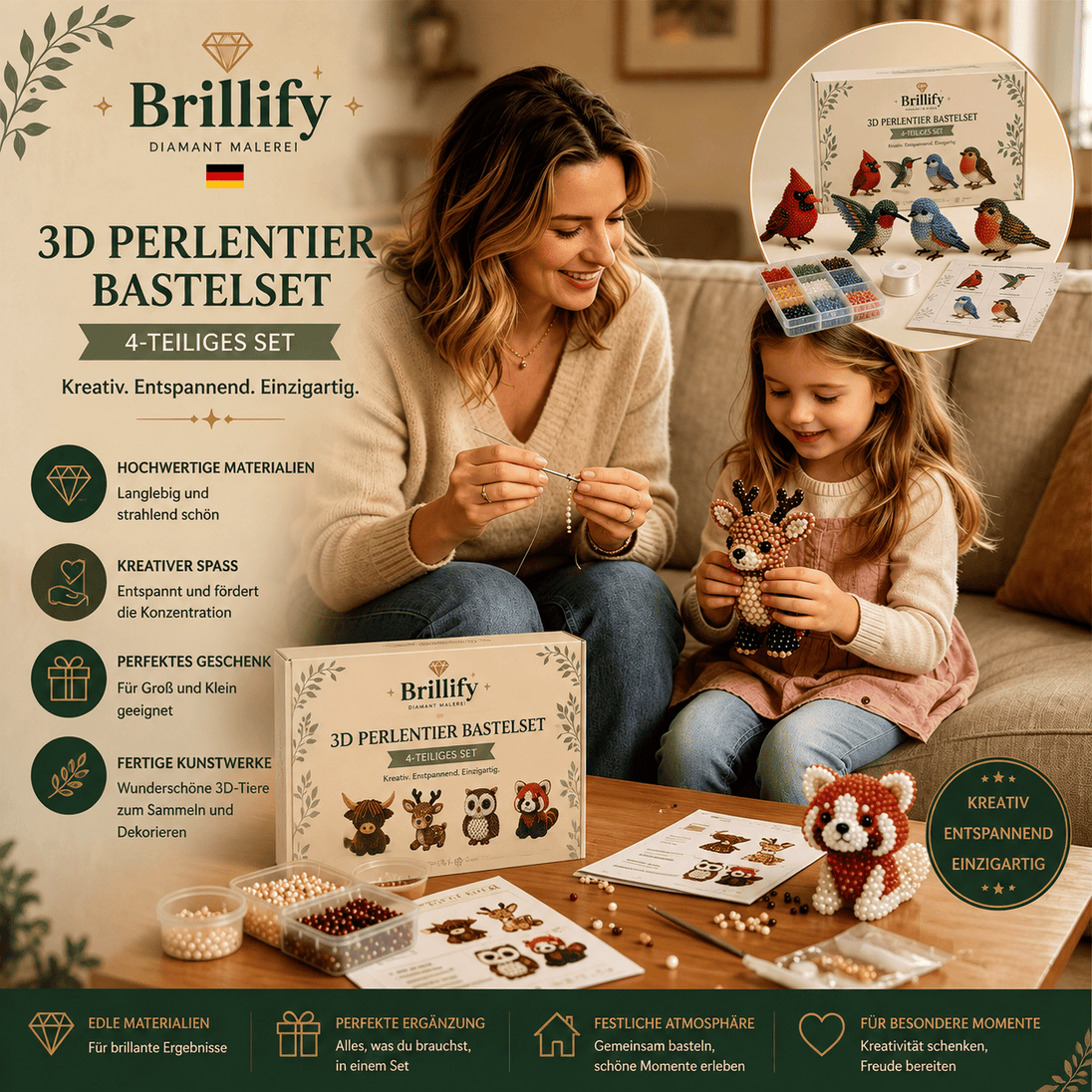 Mutter und Kind basteln gemeinsam dreidimensionale Perlentiere mit dem kreativen 3D Perlentier Bastelset