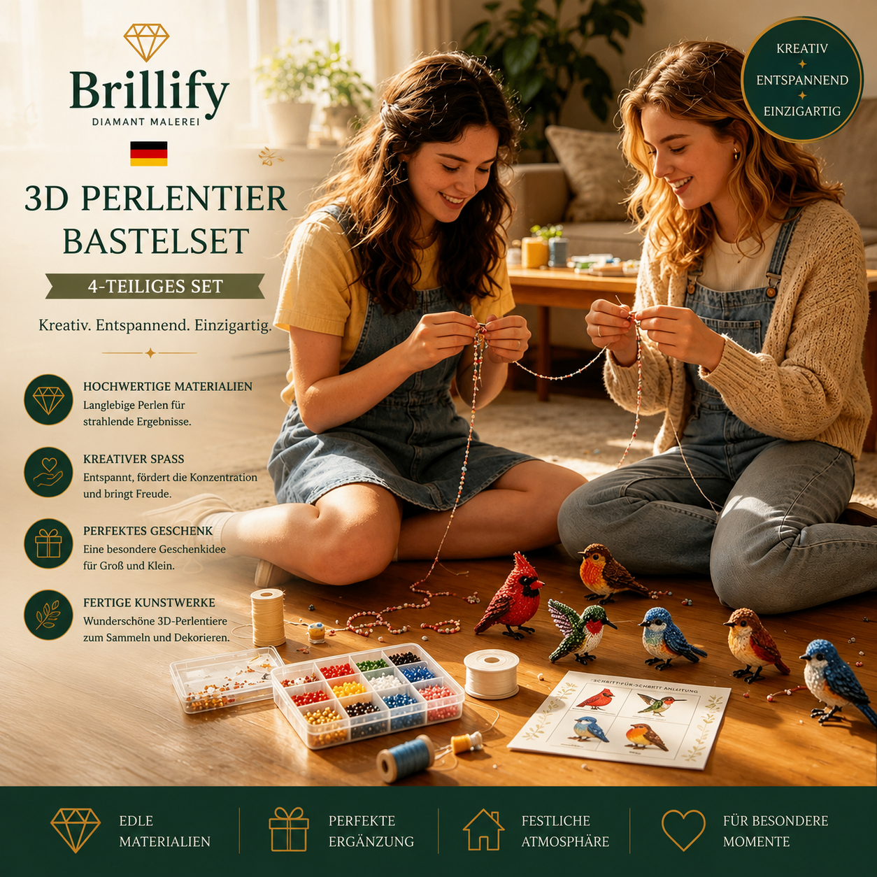 Zwei Frauen basteln gemeinsam 3D Perlentiere mit bunten Perlen, Vorlagen und Bastelzubehoer