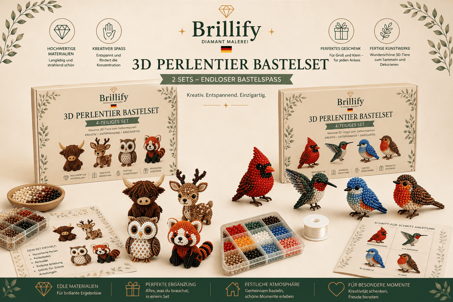 Übersicht der 3D Perlentier Bastelsets mit Vögeln und Waldtieren sowie Perlen, Zubehör und fertigen Tierfiguren