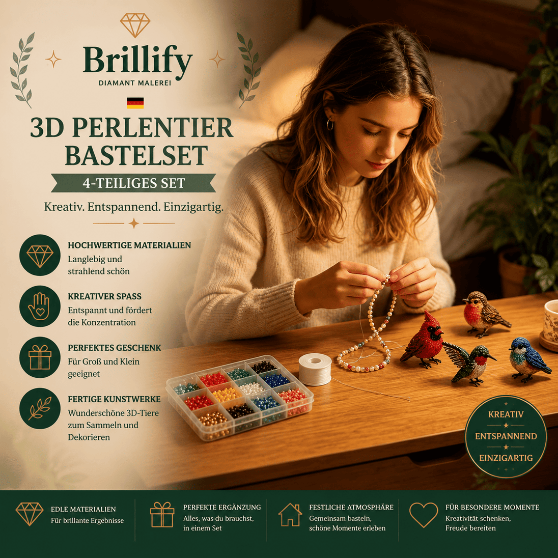 Kreatives Basteln eines 3D Perlentiers mit bunten Perlen und Zubehör aus dem Vogel-Bastelset