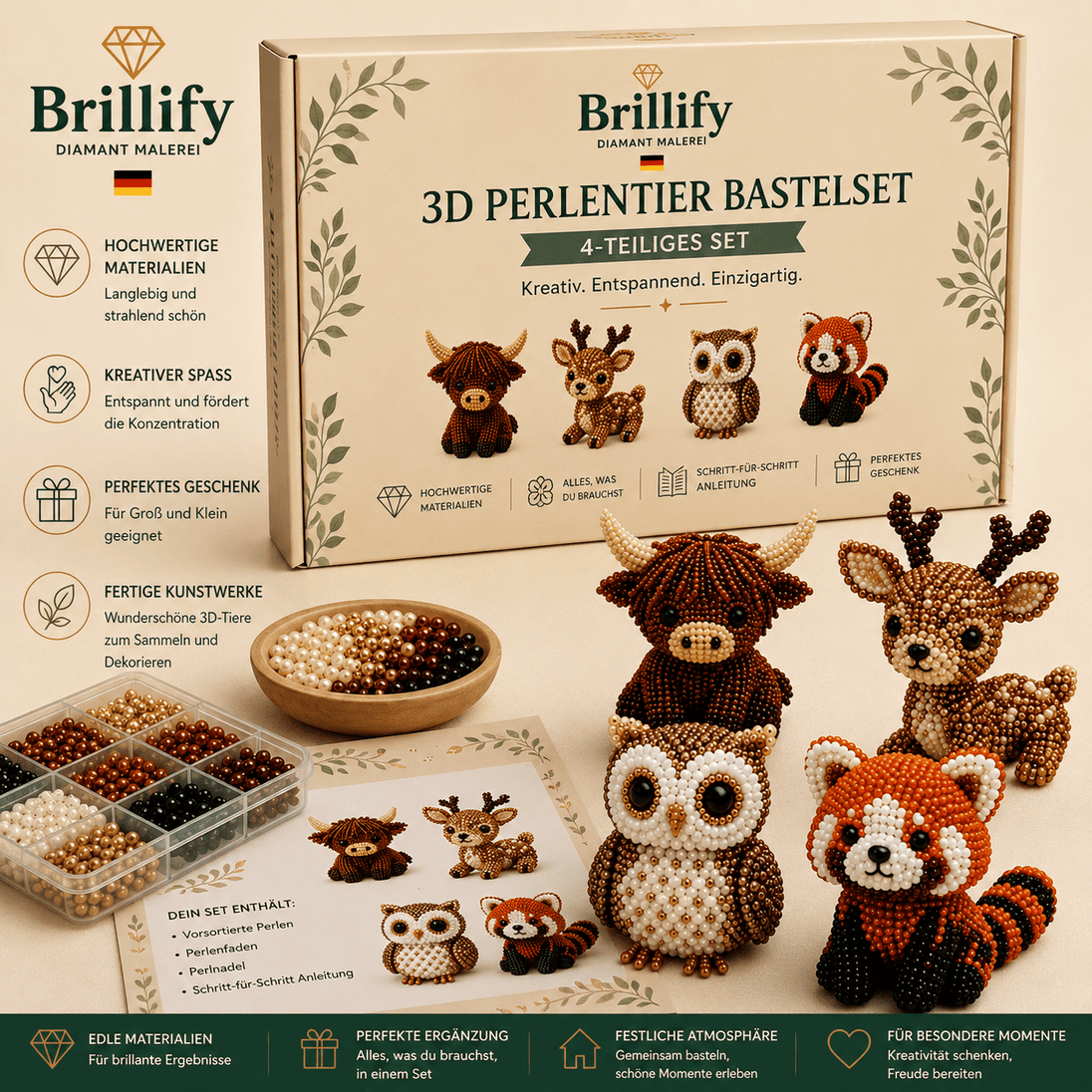 Fertige 3D Perlentiere mit Eule, Hirsch, Schneeeule und Fuchs neben Perlen und Bastelzubehör