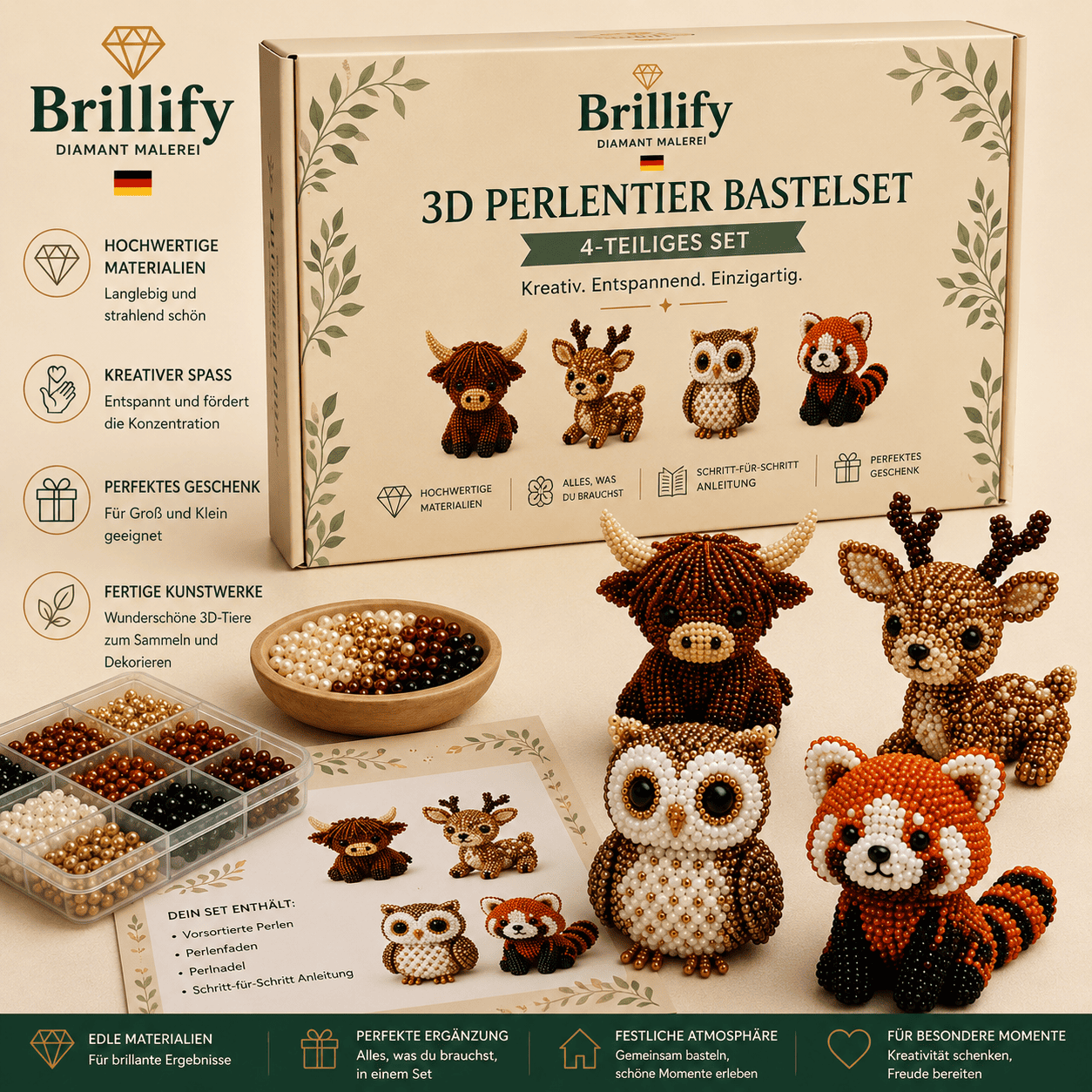 Fertige 3D Perlentiere mit Eule, Hirsch, Schneeeule und Fuchs neben Perlen und Bastelzubehör