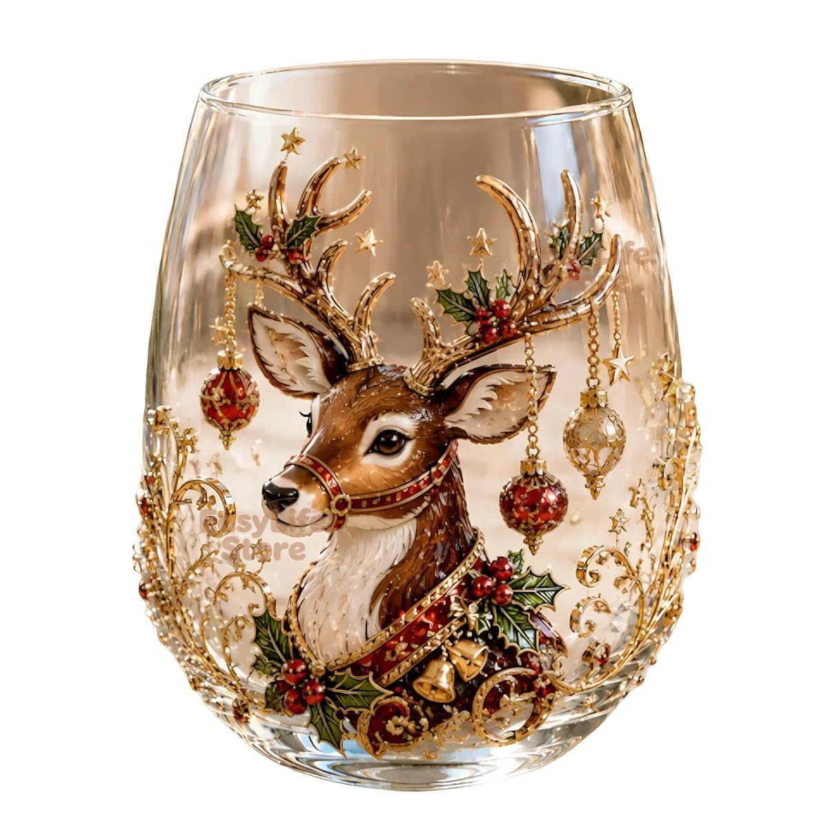 3D Weihnachts-Glasbecher mit festlichem Rentier, Weihnachtskugeln und goldenen Verzierungen