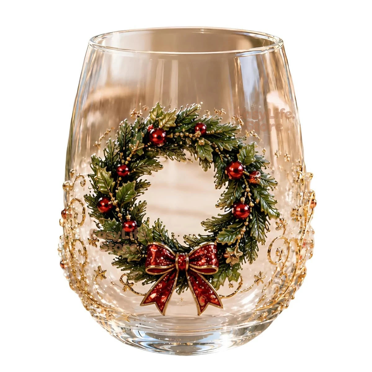 3D Weihnachts-Glasbecher mit grünem Weihnachtskranz, roter Schleife und goldenen Verzierungen