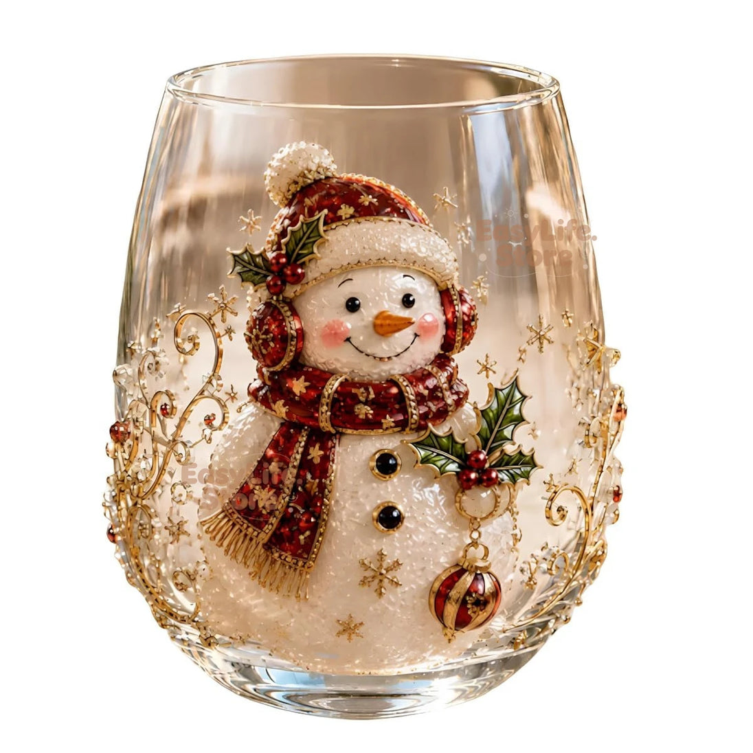3D Weihnachts-Glasbecher mit Schneemann, rotem Schal und festlichen goldenen Verzierungen