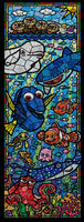 Diamond Painting von Nemo, Dorie und anderen Meeresbewohnern im bunten Mosaik-Glasmalerei-Stil. Mockup.