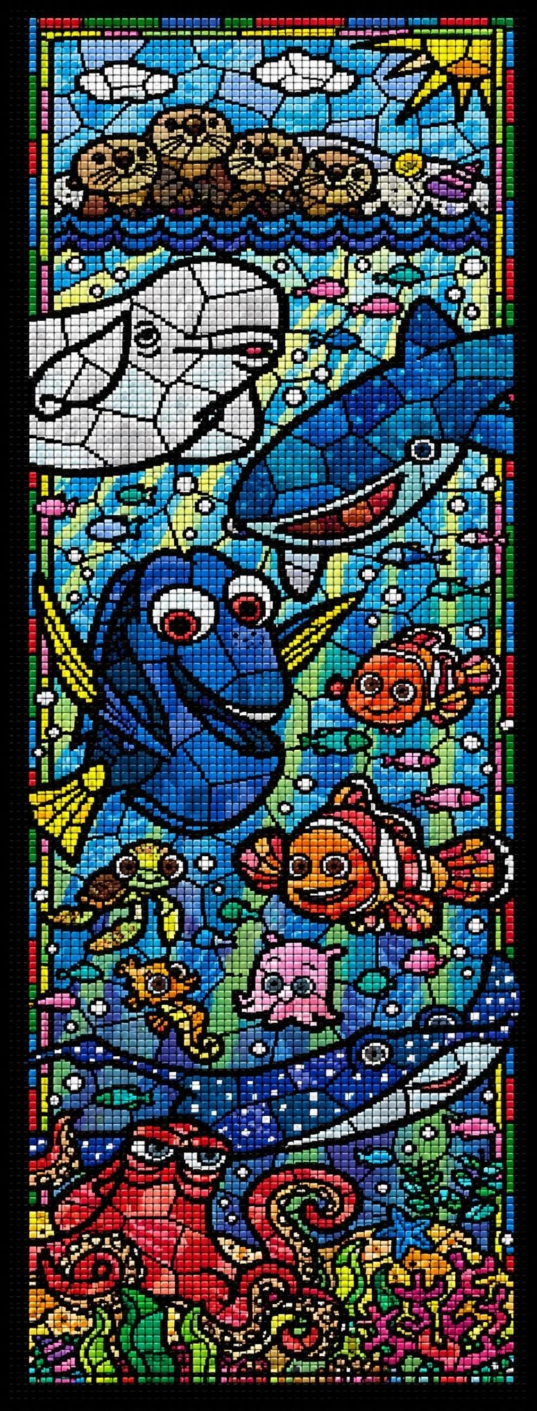 Diamond Painting von Nemo, Dorie und anderen Meeresbewohnern im bunten Mosaik-Glasmalerei-Stil. Mockup.