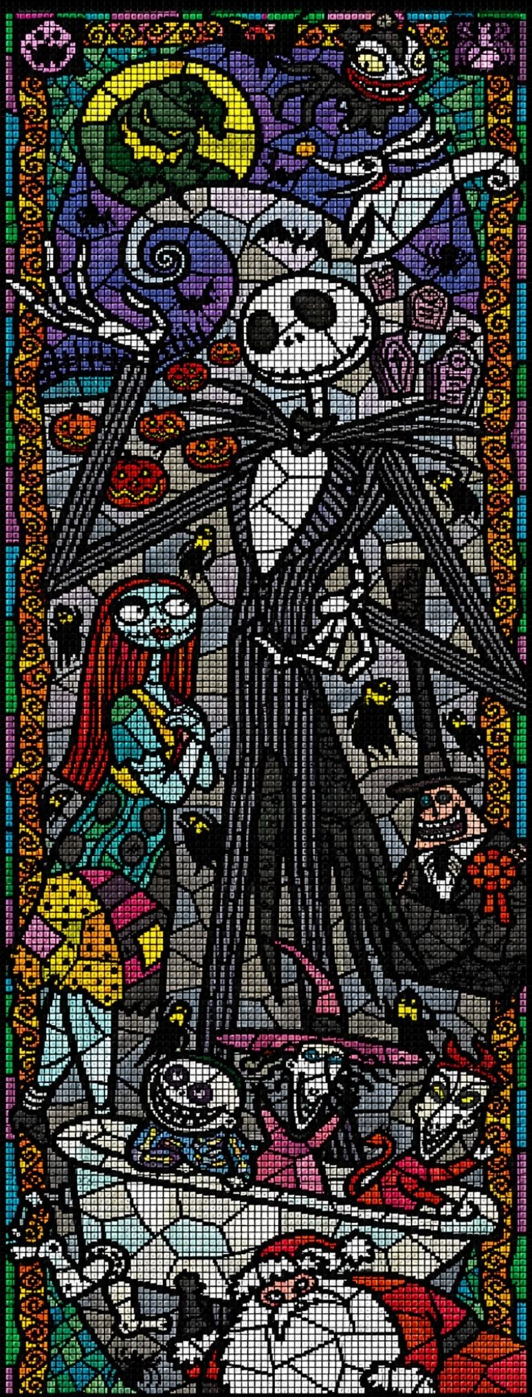 Diamond Painting von Jack Skellington und Sally im dunklen Nightmare Before Christmas Mosaik-Stil.  Mockup.