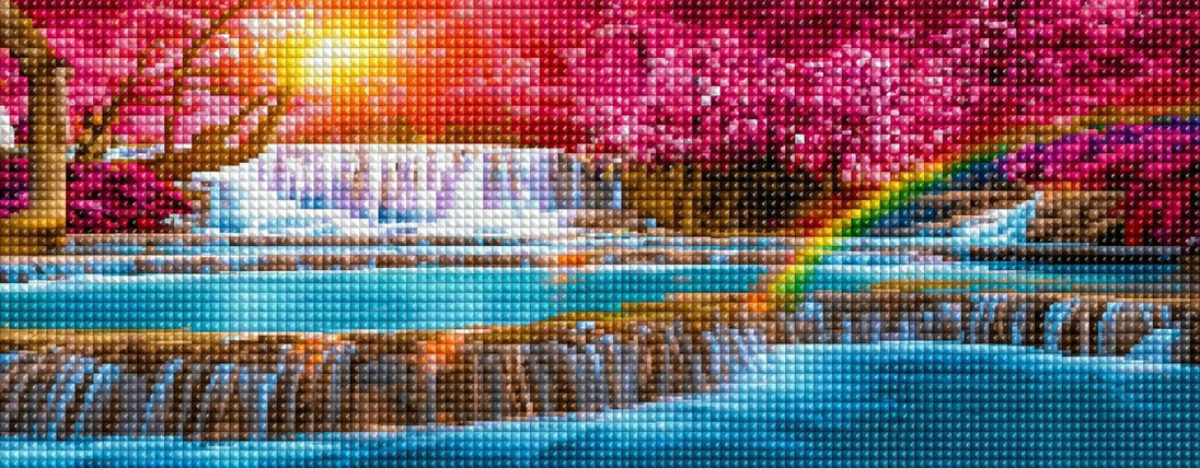Diamond Painting eines stufigen Wasserfalls im pinken Wald mit einem Regenbogen. Mockup.