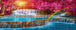 Diamond Painting eines stufigen Wasserfalls im pinken Wald mit einem Regenbogen. Mockup.
