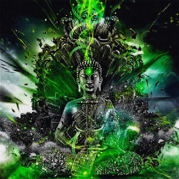Diamond Painting eines meditierenden Buddhas auf einem verzierten Thron in leuchtend grüner Energie. Mockup.