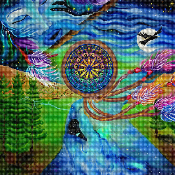 Diamond Painting eines Frauengesichts, das mit einem Traumfänger, Tannen und Vögeln in Blau verschmilzt. Mockup.