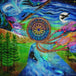Diamond Painting eines Frauengesichts, das mit einem Traumfänger, Tannen und Vögeln in Blau verschmilzt. Mockup.