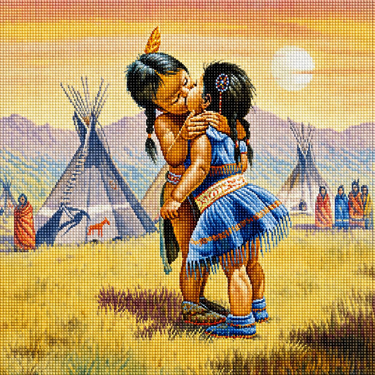 Diamond Painting von zwei indigenen Kindern, die sich vor Tipis in einer Savanne küssen. Mockup.