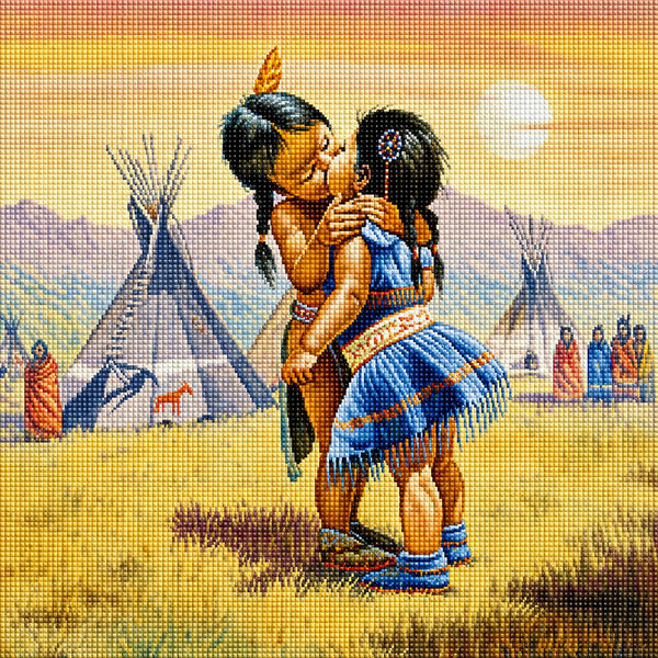 Diamond Painting von zwei indigenen Kindern, die sich vor Tipis in einer Savanne küssen. Mockup.